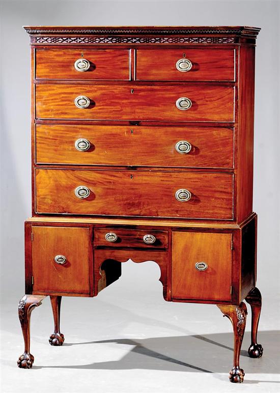 Appraisal: Georgian style mahogany chest-on-stand part th century dentil-molded cornice with