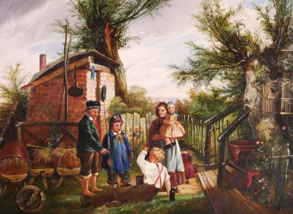 Appraisal: Oil on canvas painting of children in a yard by