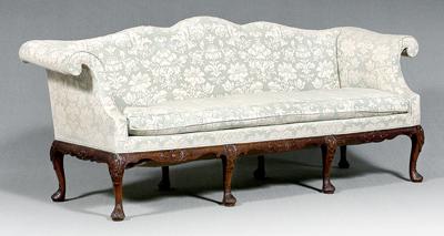 Appraisal: Irish Chippendale style sofa carved mahogany with upholstered scrolled back