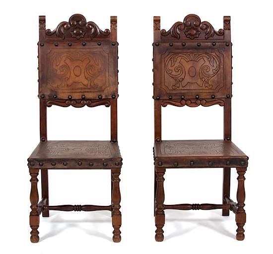 Appraisal: A Set of Six Spanish Colonial Style Carved Mahogany and