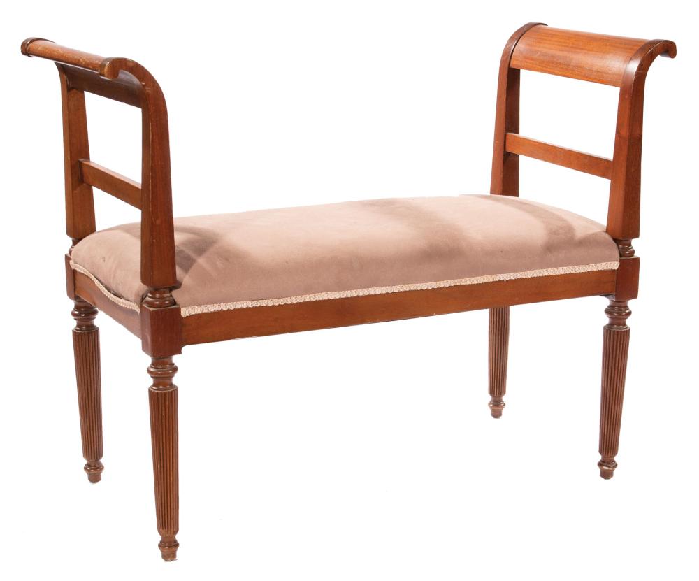 Appraisal: Federal-Style Mahogany Window Bench outscrolled ends ring turned tapered reeded