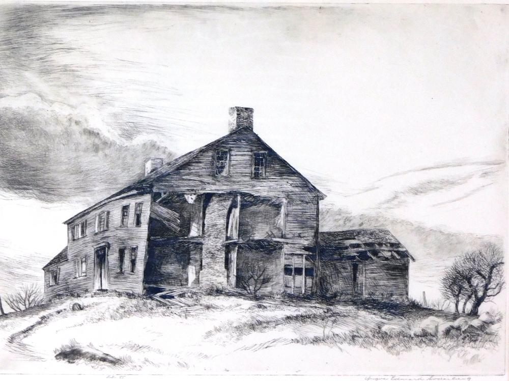 Appraisal: Yngve Edward Soderberg American - etching depicts an abandoned farmhouse