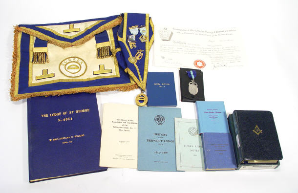 Appraisal: Cased collection of masonic Sussex Lodge memorabilia including sashes enamelled