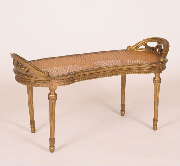 Appraisal: French kidney shaped bench reeded legs carved frame and arched