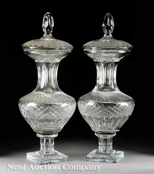 Appraisal: A Pair of Large Continental Cut Crystal Lidded Urns th