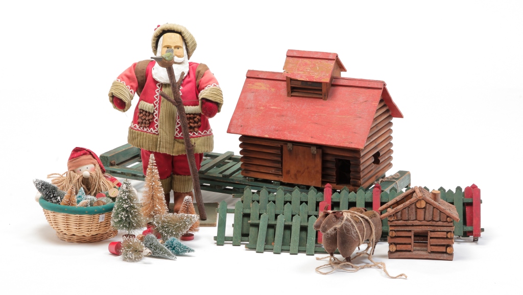 Appraisal: Includes a wooden barn a lob cabin standing Santa carved