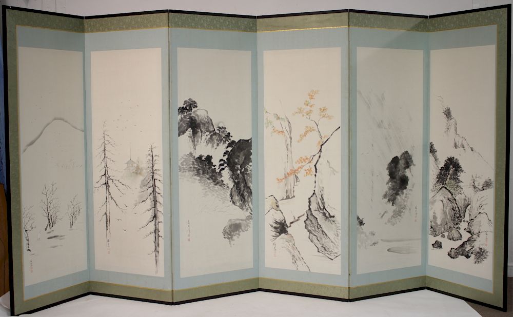 Appraisal: Chinese -Fold Screen Depicts watercolor landscapes in various seasons of