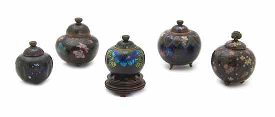 Appraisal: Five Chinese Cloisonne Lidded Vessels each having a floriform finial