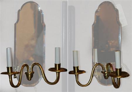 Appraisal: Pair of Brass Mirror Backed Two-Light Sconces Estimate -