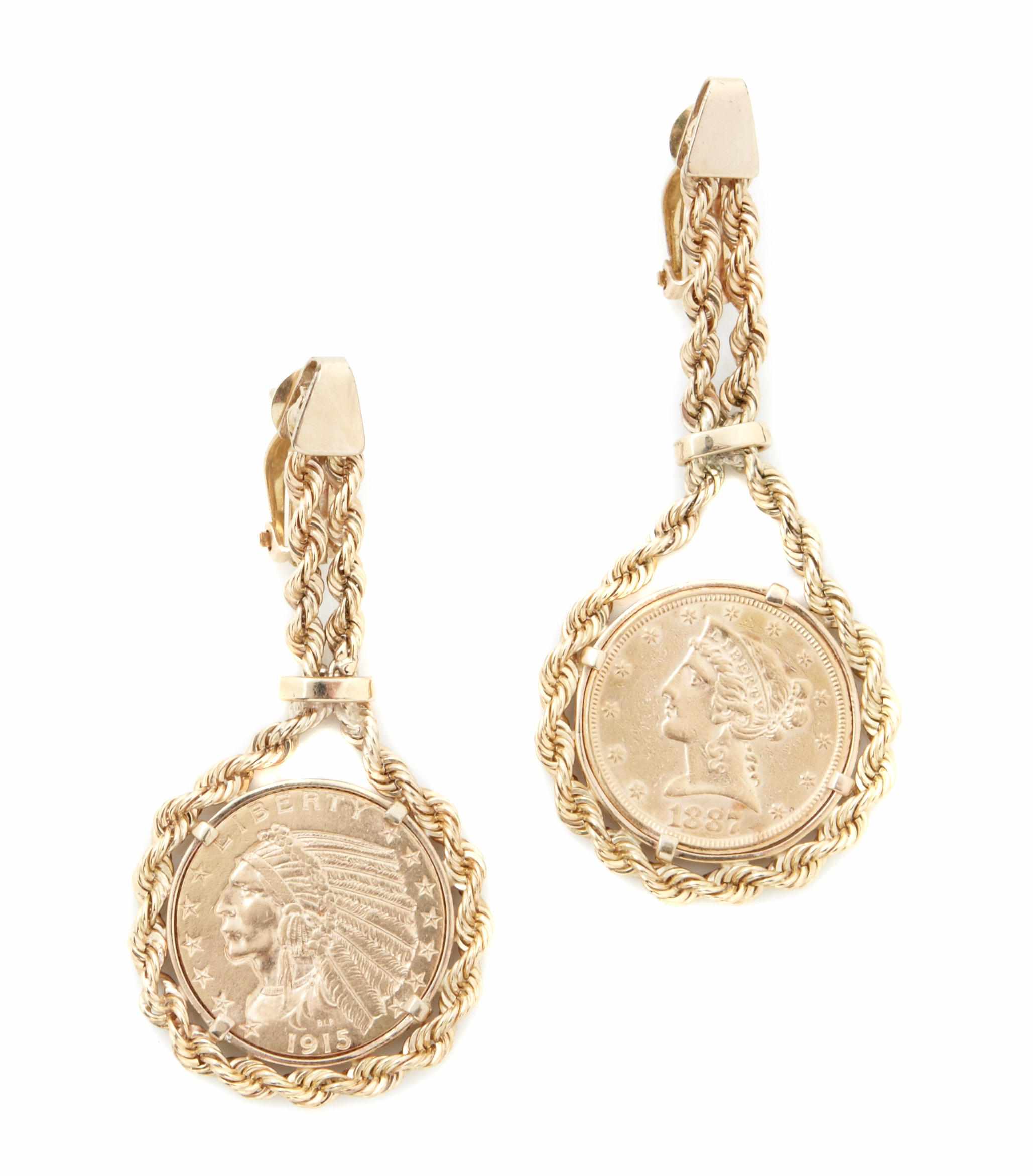 Appraisal: A pair of gold coin and gold earrings featuring a