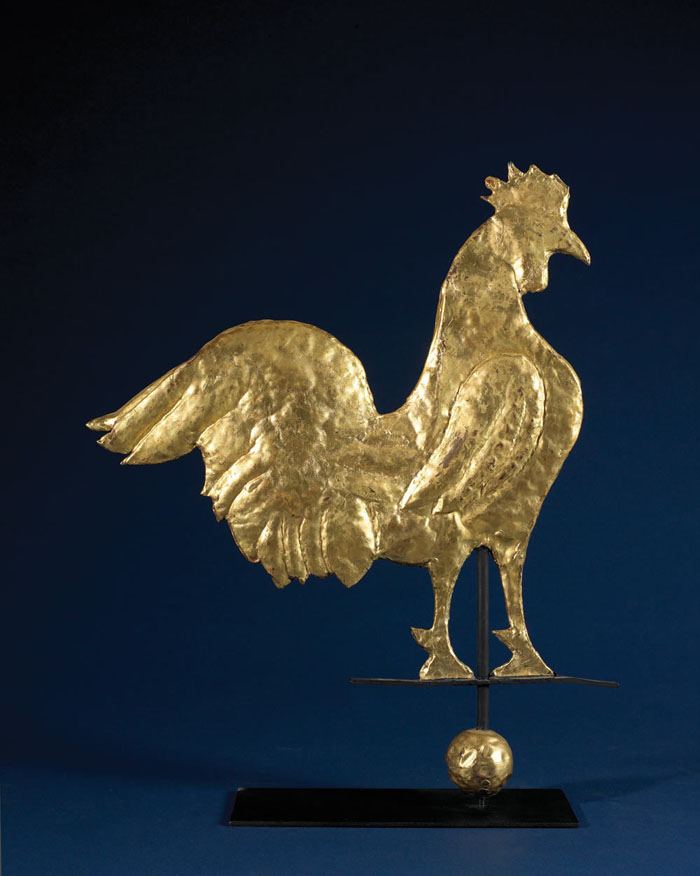 Appraisal: FULL-BODIED ROOSTER WEATHERVANE IN GOLD PAINT NEW ENGLAND Of flattened