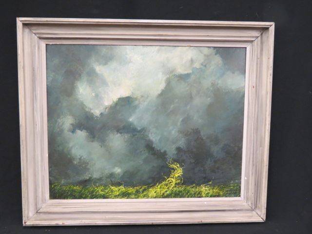 Appraisal: Oil on Masonite landscape with stormy sky image area X