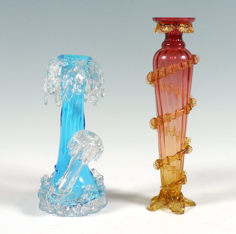 Appraisal: VICTORIAN ART GLASS VASES Cranberry fades to amber with applied