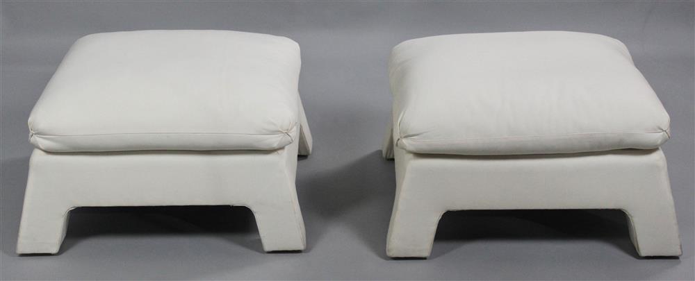 Appraisal: JUAN MONTOYA PAIR OF MODERNIST IVORY UPHOLSTERED OTTOMANS square form