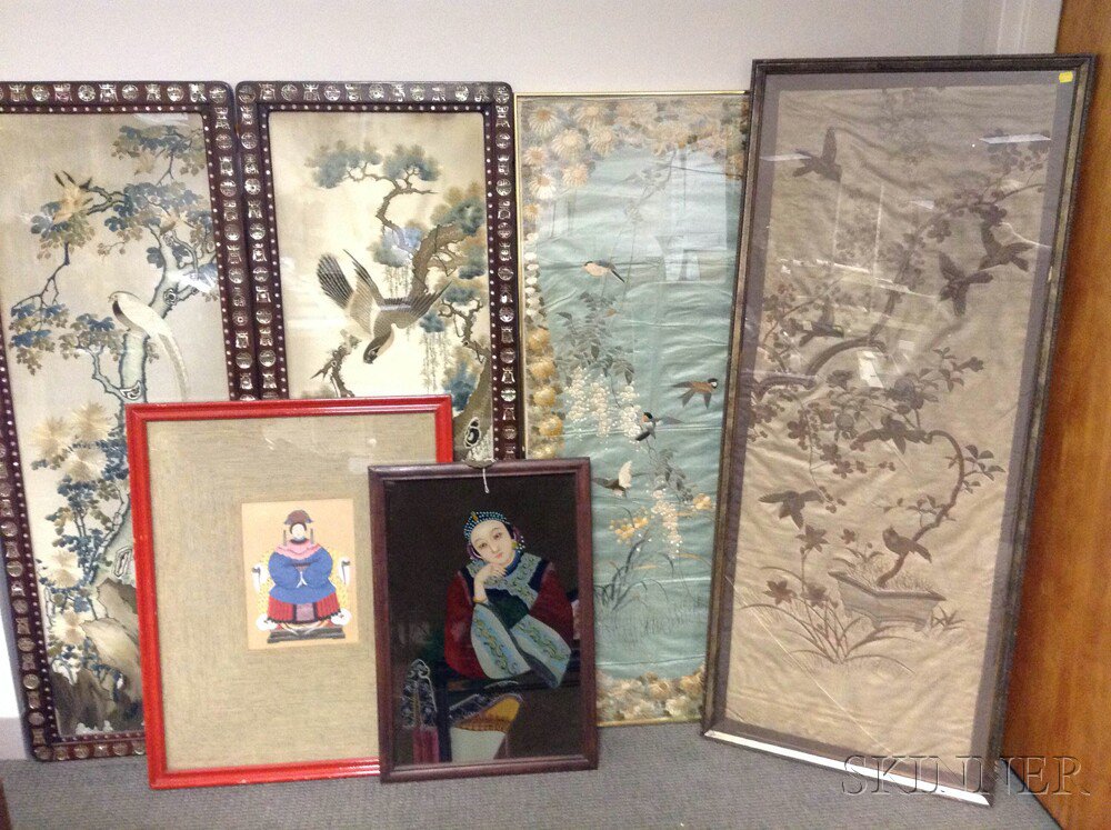 Appraisal: Six Framed Artworks Asia a pair of large embroideries depicting