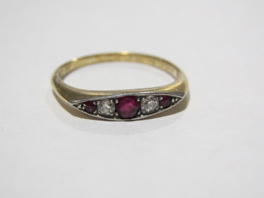 Appraisal: Nineteen thirties ct gold ruby and diamond five stone ring