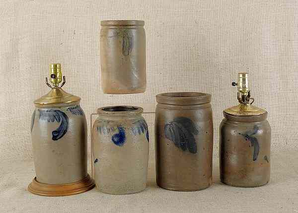 Appraisal: Five stoneware jars th c with cobalt decoration two mounted