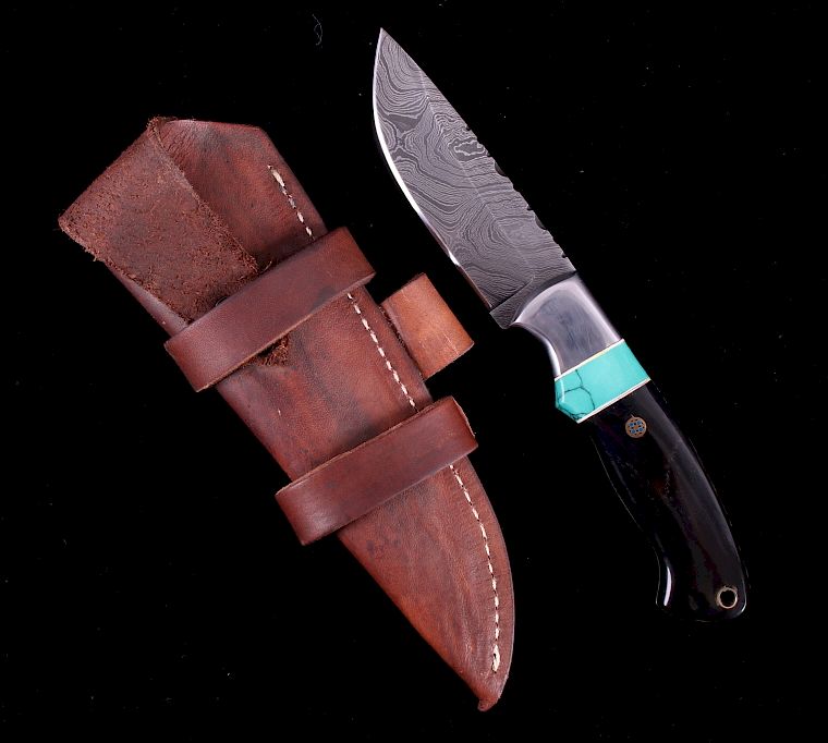 Appraisal: CFK Damascus Turquoise Buffalo Inlaid Horn Knife This is a