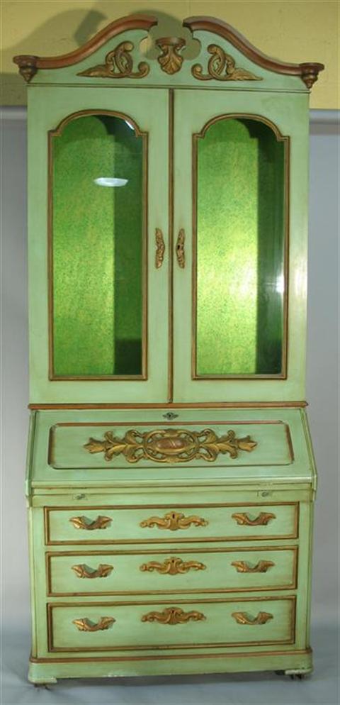 Appraisal: DOROTHY DRAPER STYLE GREEN PAINTED SECRETARY The broken pediment with