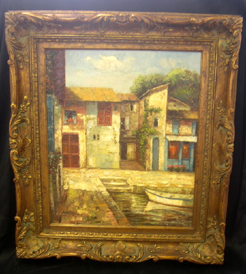 Appraisal: Continental School st Century Village Dock Scene oil on canvas