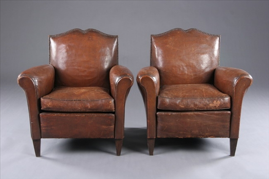 Appraisal: PAIR ENGLISH CHESTERFIELD STYLE NAILED LEATHER ARM CHAIRS Late th