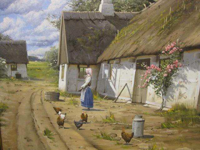 Appraisal: European Oil on Canvas maiden feeding chickens signed R H