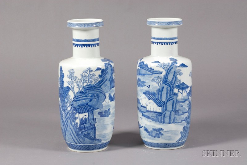 Appraisal: Pair of Roleau Vases th century underglaze blue decoration of