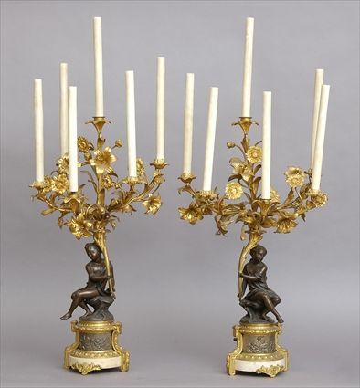 Appraisal: PAIR OF LOUIS XV-STYLE BRONZE GILT-METAL AND MARBLE SIX-LIGHT CANDELABRA