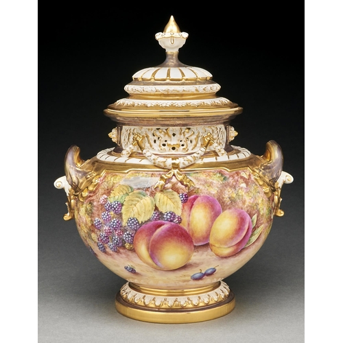 Appraisal: A Royal Worcester fruit painted pot pourri vase and cover