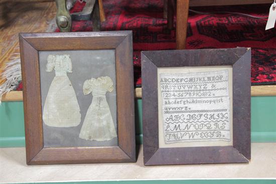 Appraisal: TWO FRAMED PIECES A SAMPLER AND CUT PAPER DRESSES A