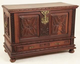 Appraisal: HEAVILY CARVED EUROPEAN RED ELM LIFT TOP COFER WITH RECTANGULAR