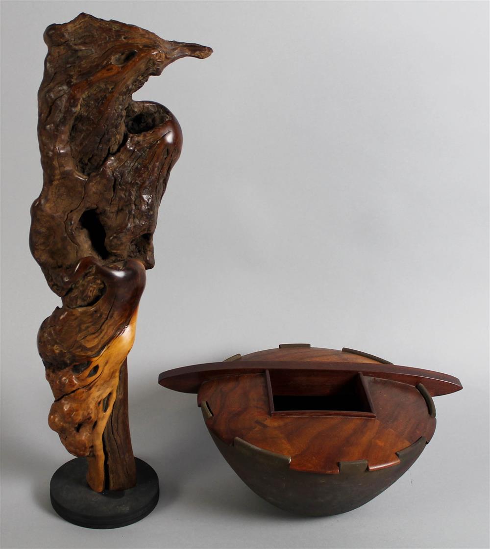 Appraisal: TWO WOODEN SCULPTURES one a ceramic bowl with fitted wood