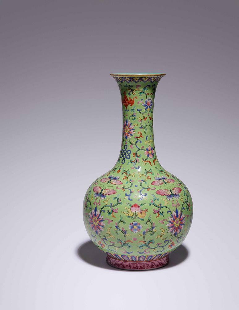 Appraisal: A Lime-Green Ground Famille Rose Porcelain Bottle Vase Height in