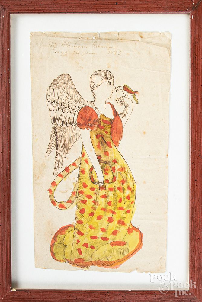 Appraisal: Pennsylvania watercolor fraktur of an angel Pennsylvania watercolor fraktur of