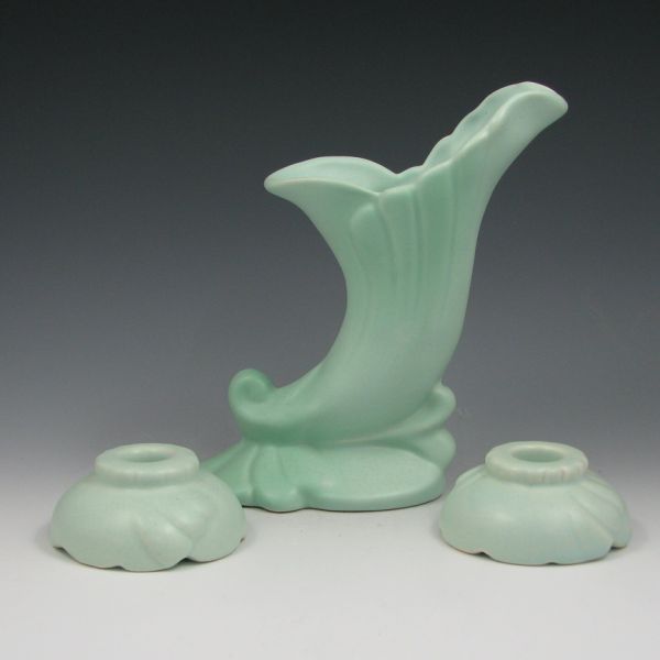 Appraisal: Weller Pastel cornucopia and candleholders in green Cornucopia marked Weller