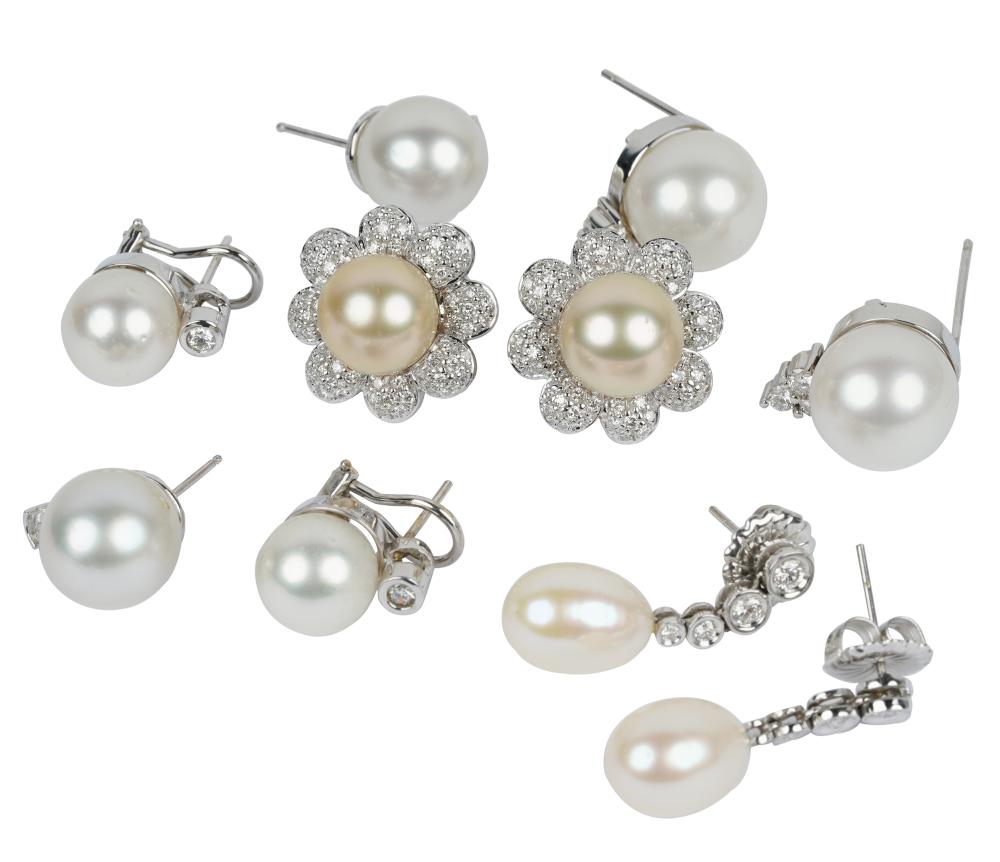 Appraisal: FIVE PAIRS OF WHITE GOLD DIAMOND PEARL EARRINGSone karat white