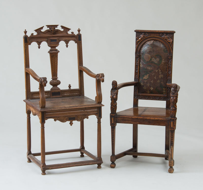 Appraisal: TWO RARE FRENCH RENAISSANCE CARVED WALNUT ARMCHAIRS The largest with