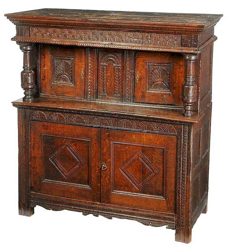 Appraisal: Early English Carved Oak Court Cupboard th century oak throughout