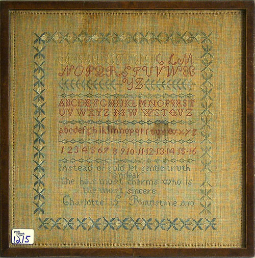 Appraisal: Silk on linen sampler th c wrought by Charlotte S