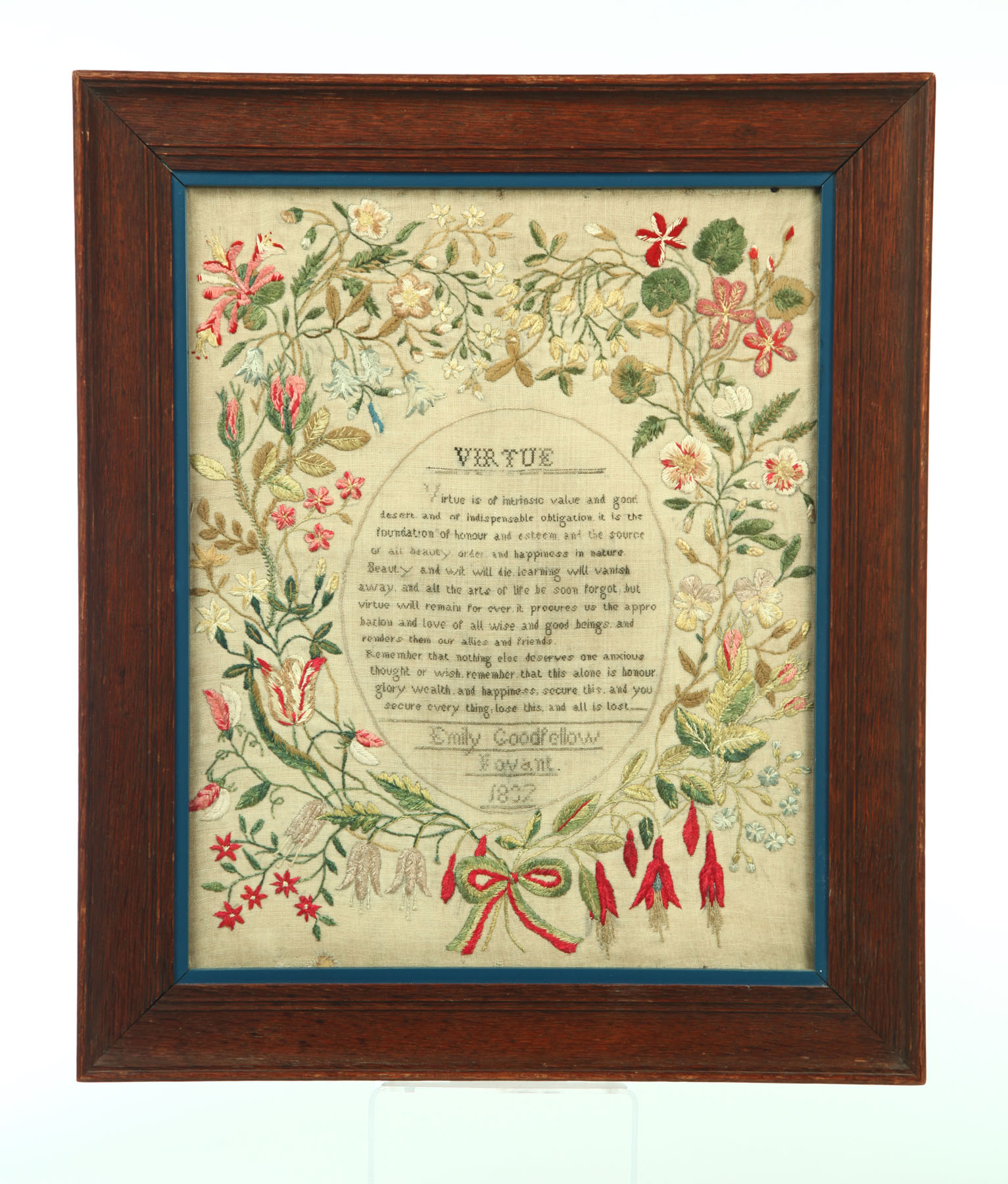 Appraisal: ENGLISH SCHOOLGIRL NEEDLEWORK Fovant Wiltshire silk on linen The verse