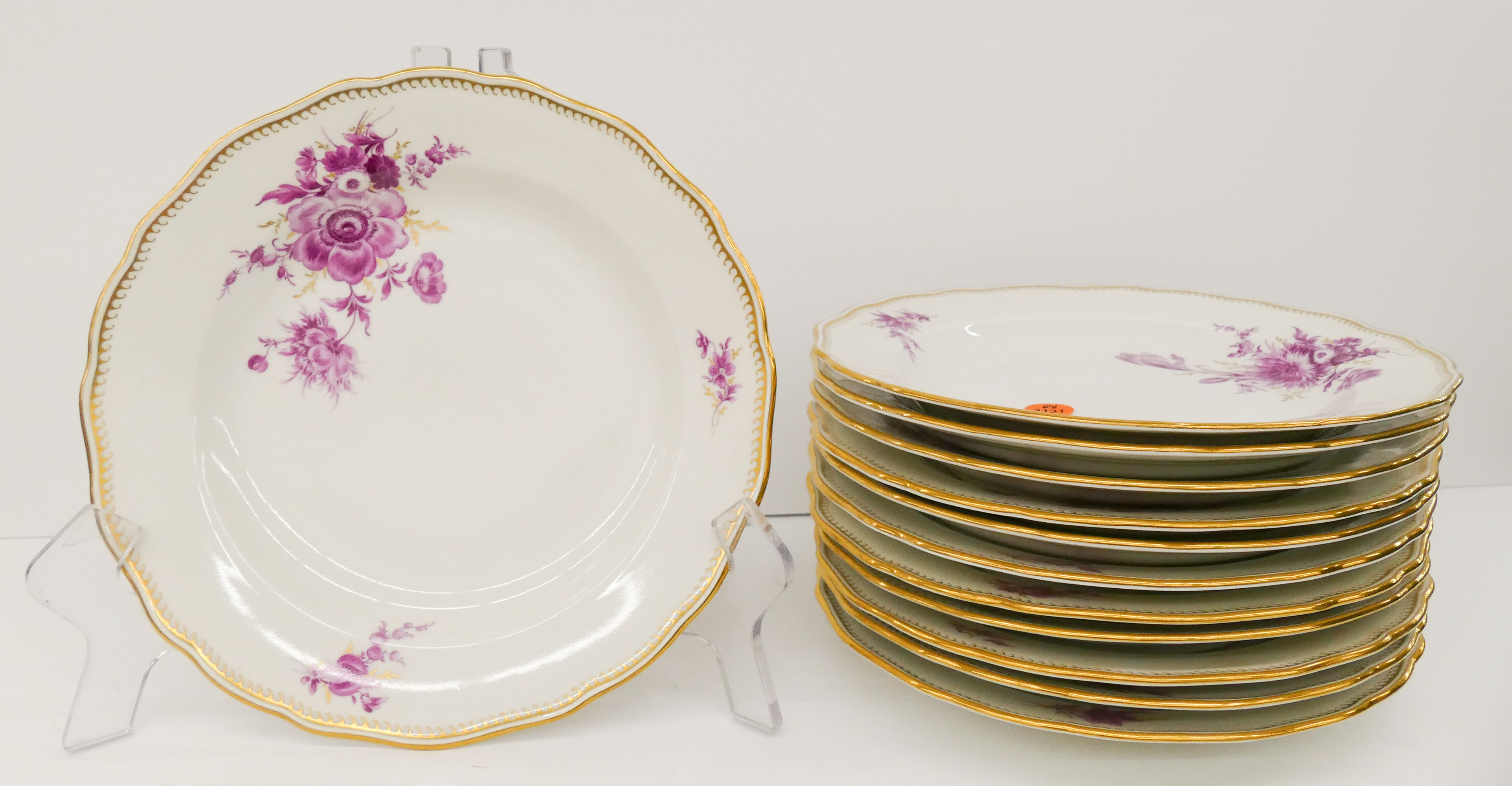 Appraisal: pc Meissen Pink Flower Porcelain Dinner Plates Gilt decoration and