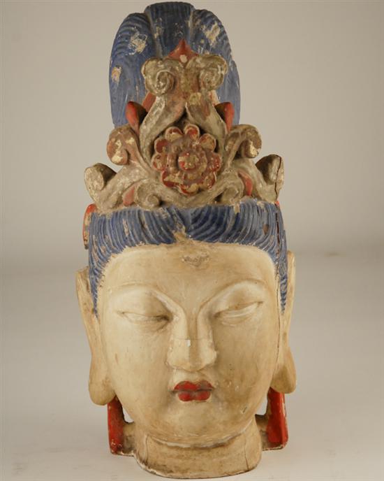 Appraisal: A th C Chinese Carved Wood Head of Bodhisattva polychromed