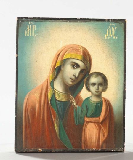 Appraisal: Russian Polychromed Wooden Ikon of the Virgin and Child third