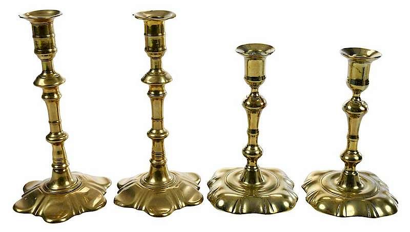 Appraisal: Two Pair Georgian Brass Candlesticks British th century petal form