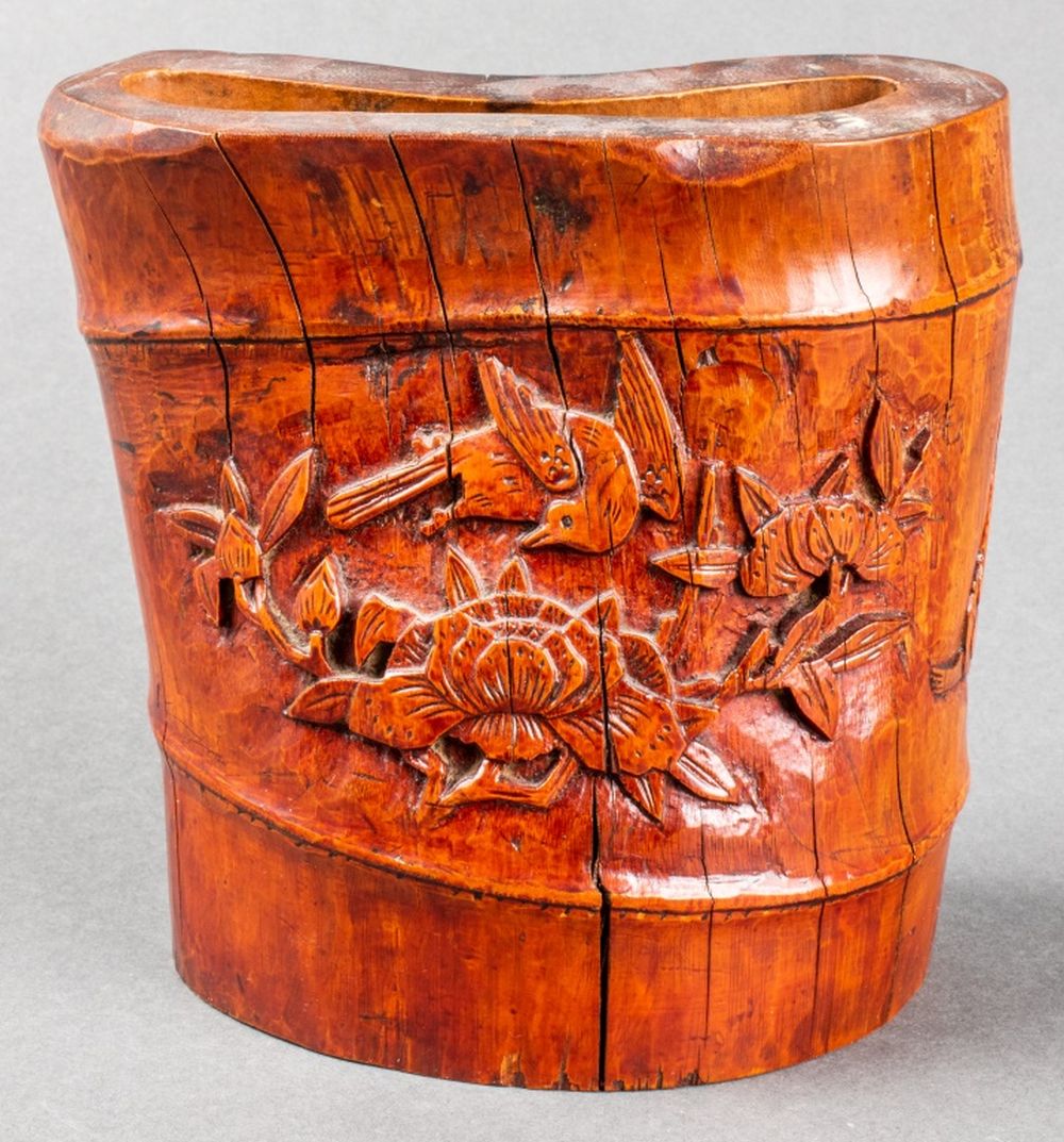 Appraisal: CHINESE RELIEF CARVED BITONG BRUSH POT Chinese relief carved hardwood