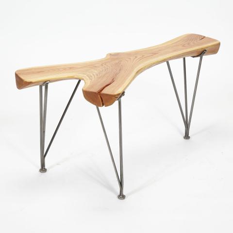 Appraisal: Contemporary Cherry Free Edge Log Table Bench on Wrought Iron