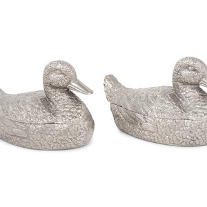 Appraisal: A Pair of Silvered Metal Duck-Form Boxes th Century unmarked