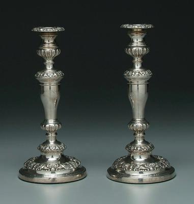 Appraisal: Pair silver plated candlesticks round shaped shaft cornucopia and shell