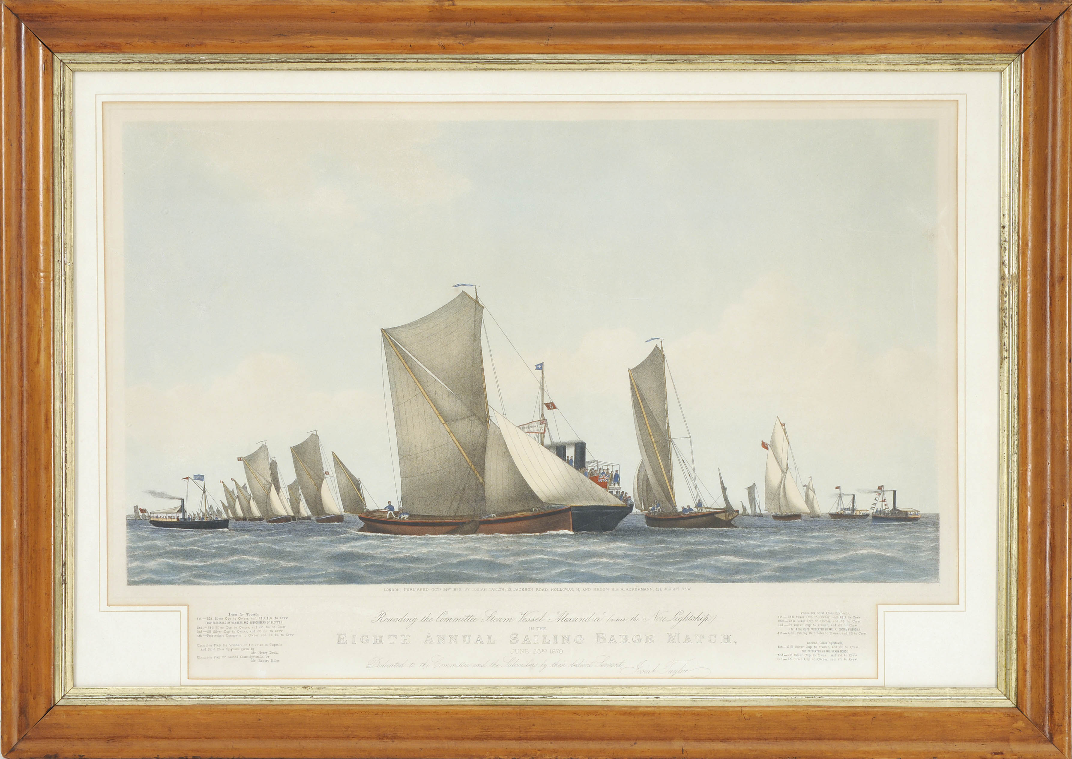 Appraisal: FRAMED HAND-COLORED LITHOGRAPH OF A YACHTING SCENE English Circa Rounding