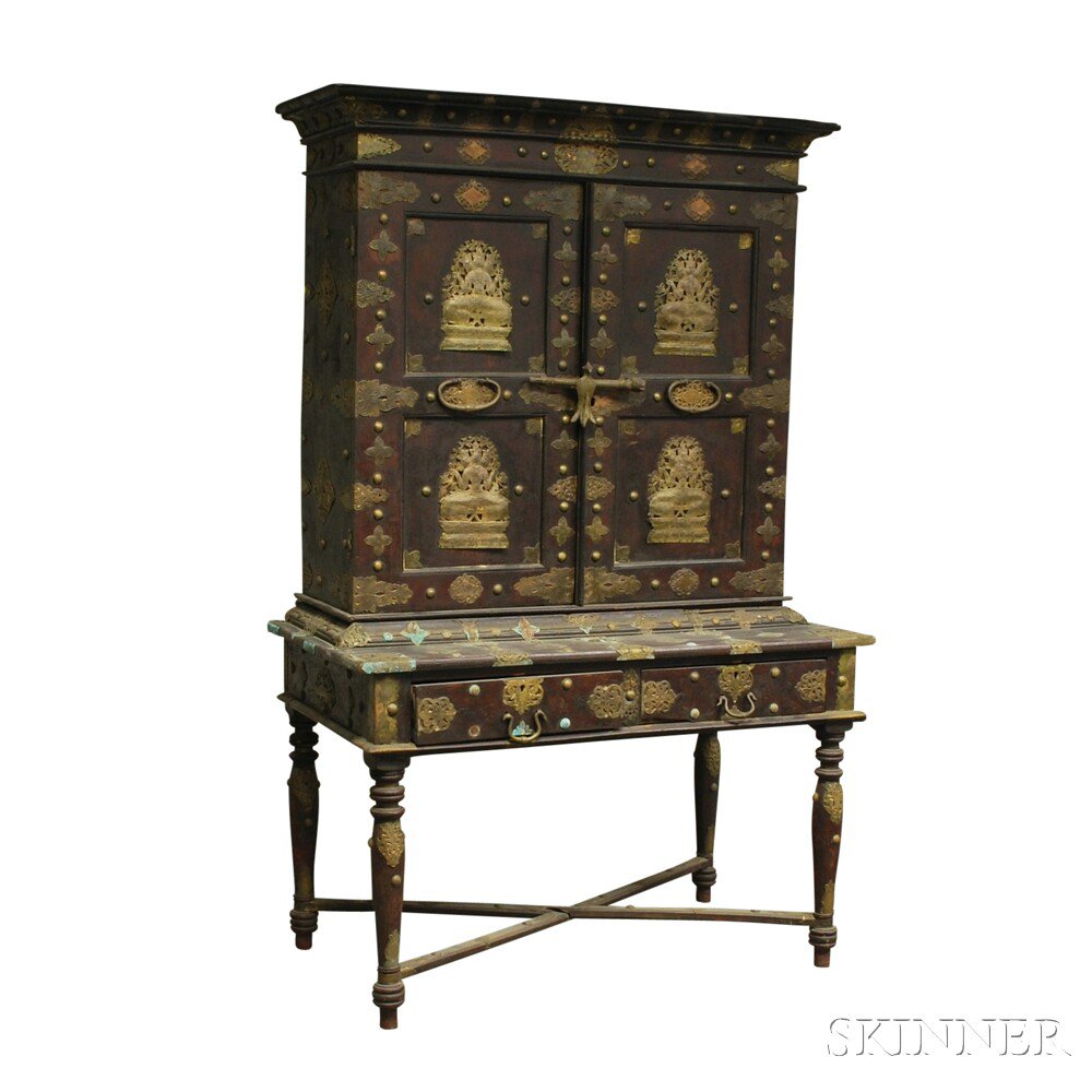 Appraisal: Indian Brass-mounted Hardwood Cabinet on Stand the upper section with